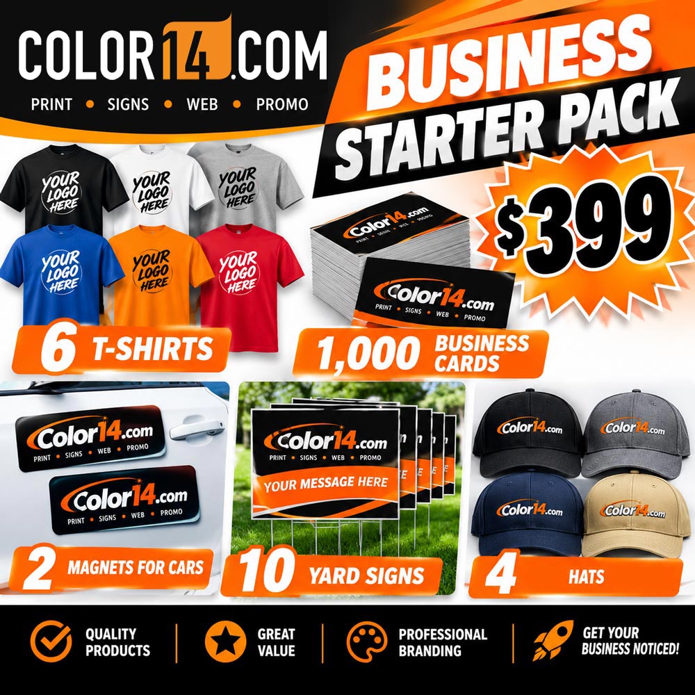 Custom signs and printing. Business cards, postcards, brochures and commercial signs designed and printed by Color14.com